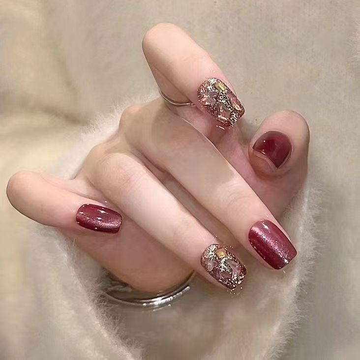 10 Pcs Cherry Red Short Square Press On Nails Cute Glistening Rhinestone Removable Fake Nail Art Tips For Women