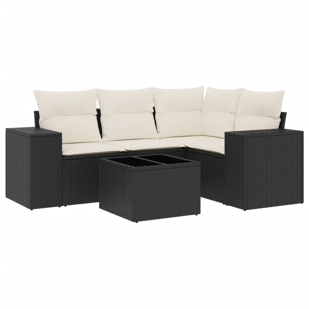 5 piece garden sofa set with cushions black poly rattan