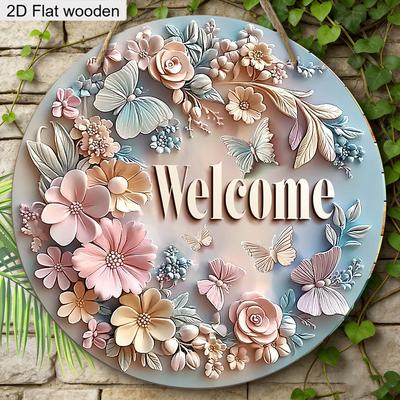 Floral Butterfly Welcome Wooden Sign, Charming Round Sign for Front Door, Wall Hanging Decor - Ideal Spring & Everyday Home Gift