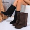 Suede Pointed Toe Mid Heeled Leg Boots for Women Autumn  Retro Thick Heeled Sleeve Boots Black Mid-Calf Botas Mujer Size 36