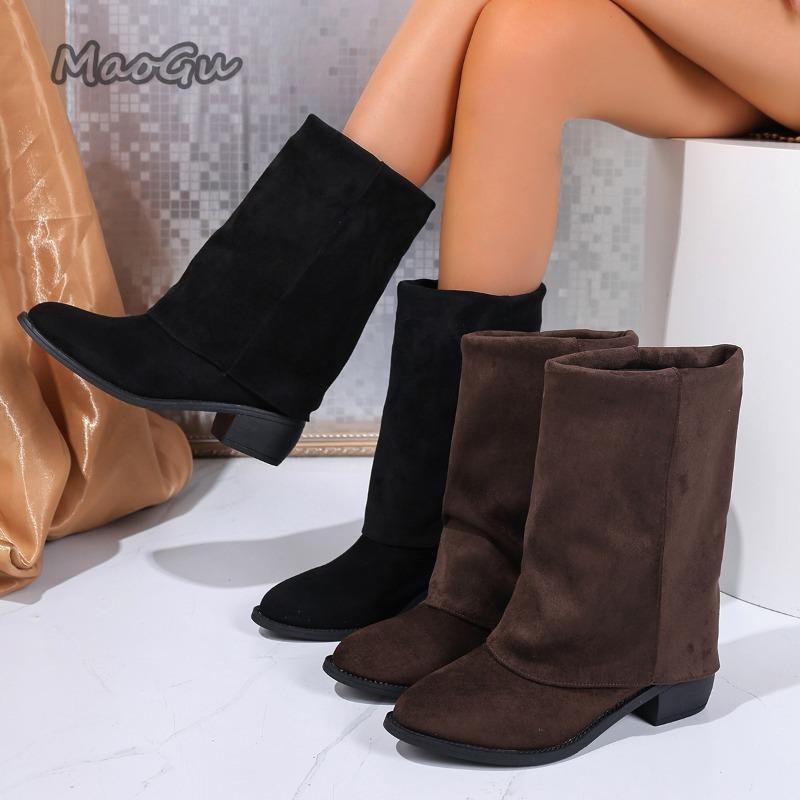 Suede Pointed Toe Mid Heeled Leg Boots for Women Autumn  Retro Thick Heeled Sleeve Boots Black Mid-Calf Botas Mujer Size 36