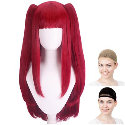 Case Eden Cosplay-Perücke, Lange Zöpfe mit Dutt, Hitzebeständig, Dunkelrot, Inklusive 2 Perückenkappen