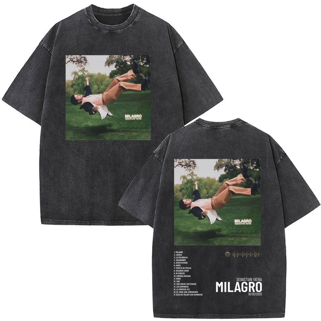 Singer SEBASTIAN YATRA Entre Tanta Gente Tour Print T Shirt Unisex Cotton Casual Vintage Washed Oversized Tshirts Streetwear