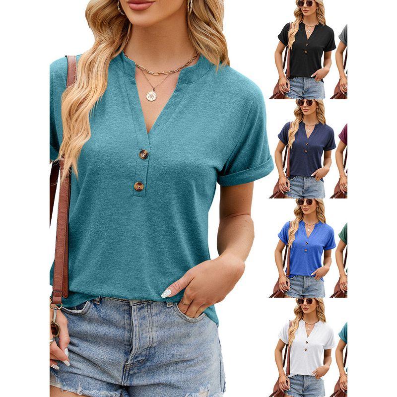 Loose V-neck Short-Sleeve T-shirt European and American Solid V-neck Button Loose Short sleeve T-shirt