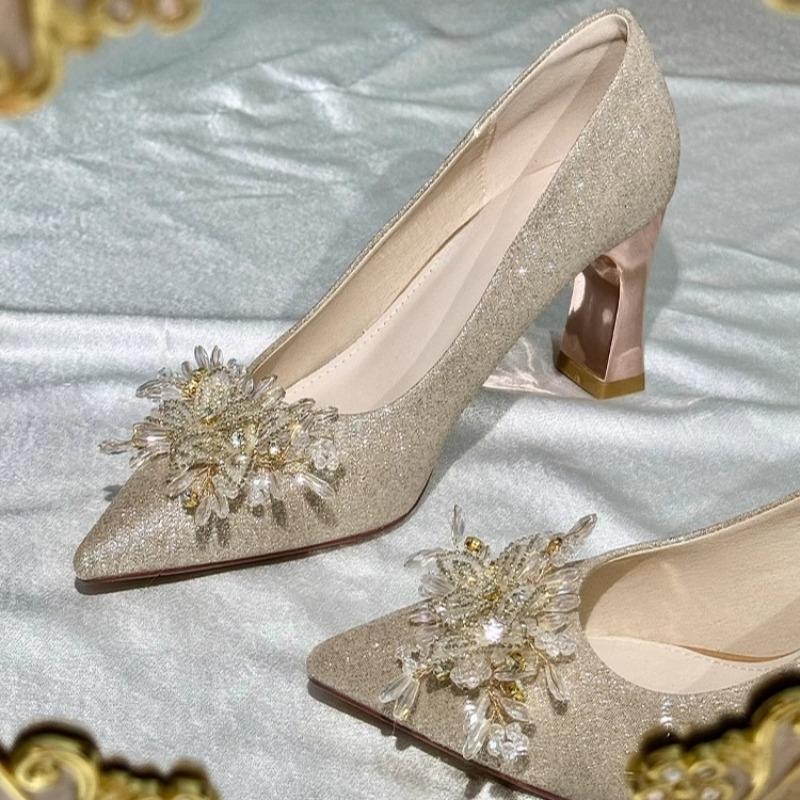 Rhinestone Flower Block Heel Single Shoes Autumn New Pointed Toe Shallow Mouth Slip Foot Anti-Slip Wear-Resistant High Heels
