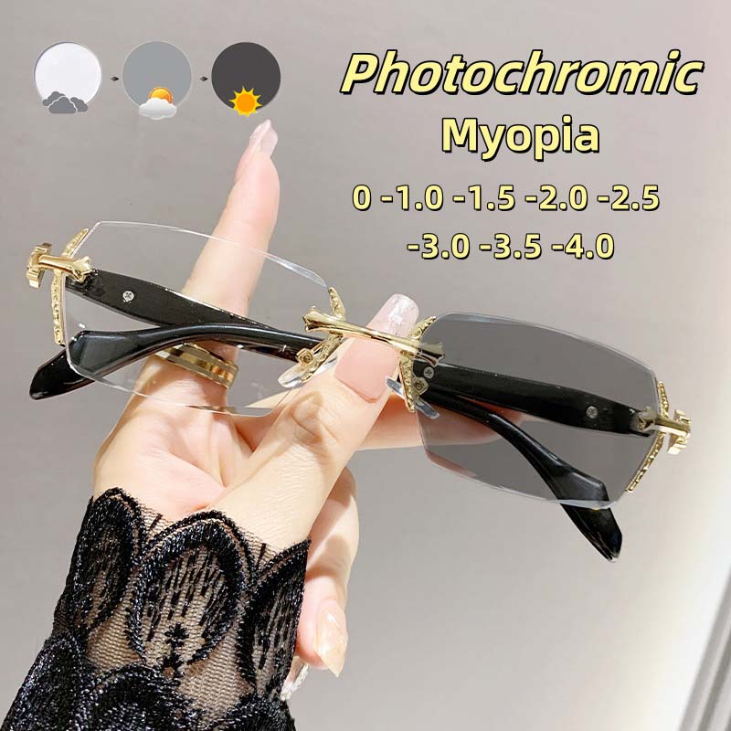 Fashion Photochromic Myopia Glasses Frameless Cut Edge Metal Frame Blue Light Blocking Eye Protection