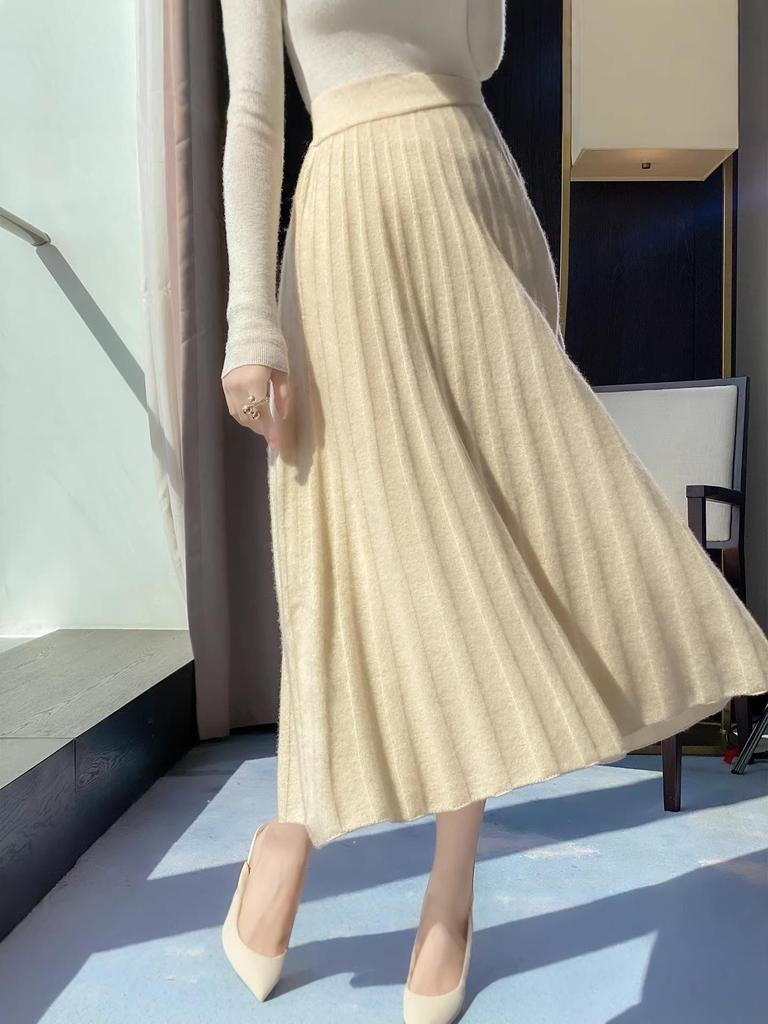 Hepburn Style High-Waisted Cashmere Pleated A-Line Skirt
