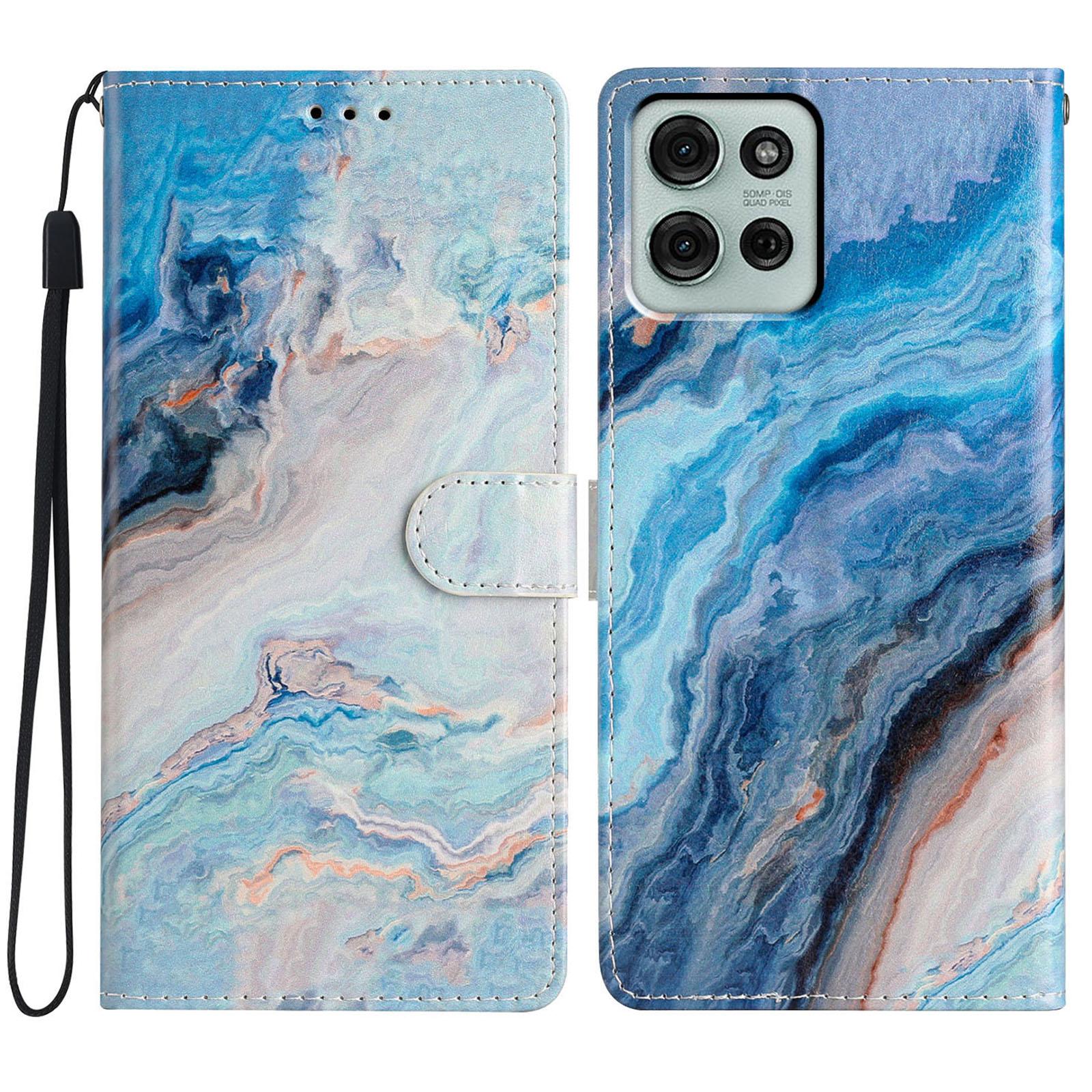 

For Motorola Moto G86 5G Wallet Case PU Leather Pattern Printing Stand Phone Cover with Strap Blue Marble