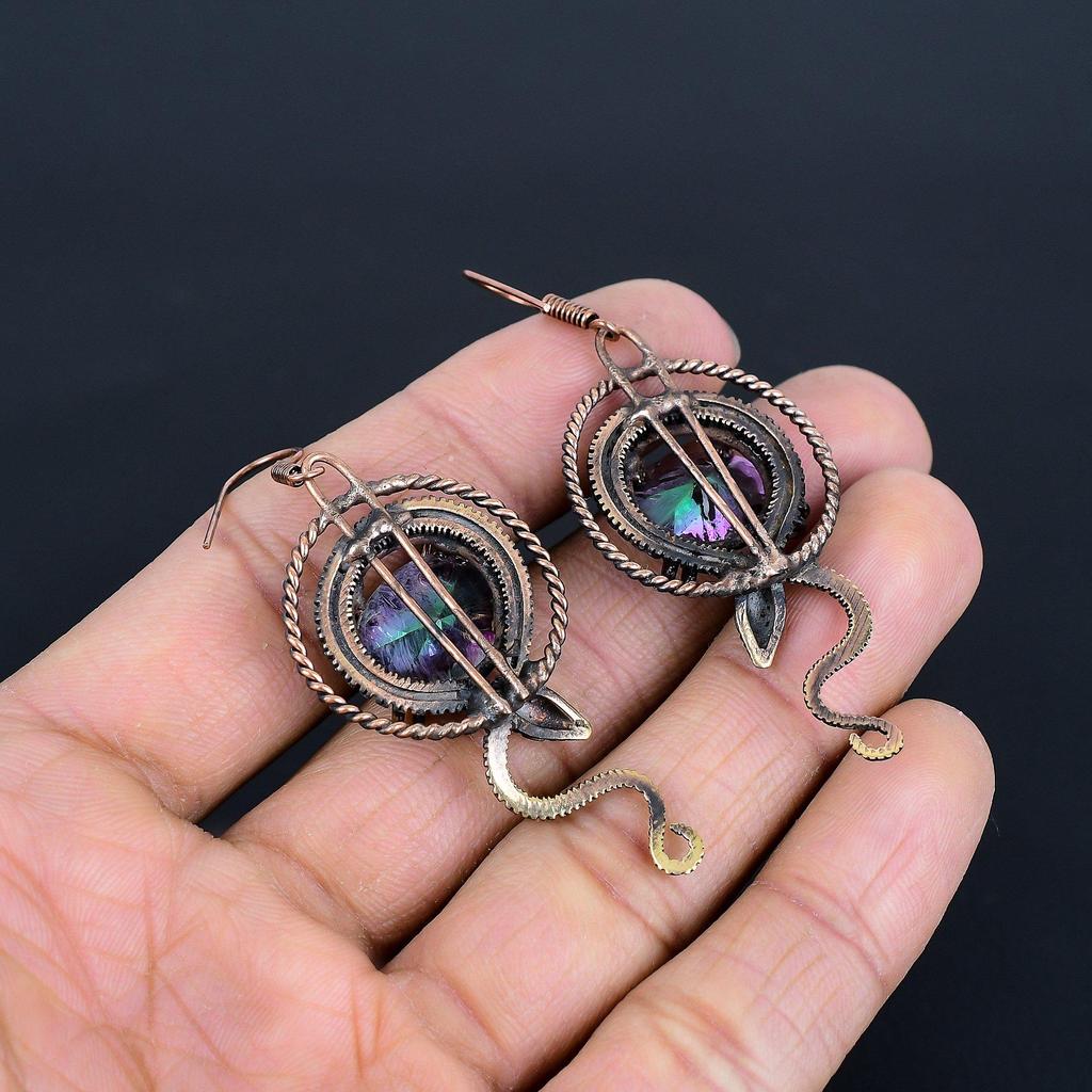 Mystic Topaz 999 Copper Wire Wrapped Earrings, Handmade Gemstone Jewelry  Earrings, For Memorial Day