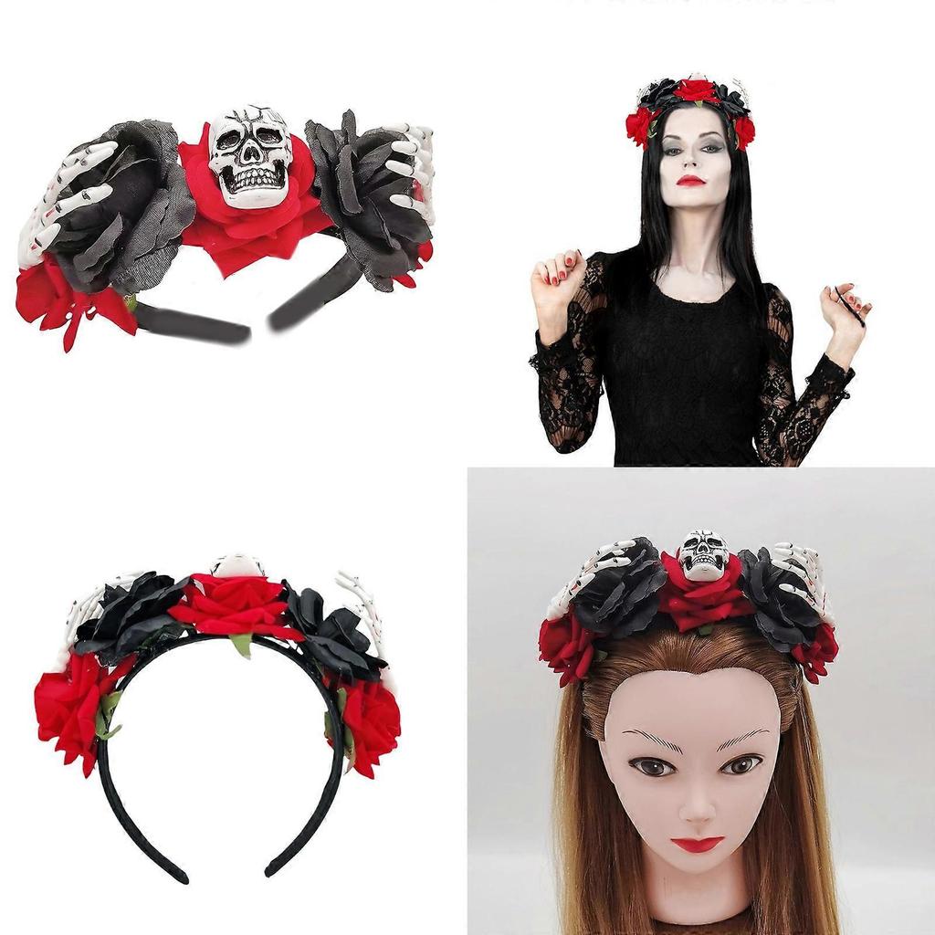 Spooky Skull Headband for Kids Halloween Flower Theme Parties Dark Skeleton Headband with Colorful Rose Garland  Black