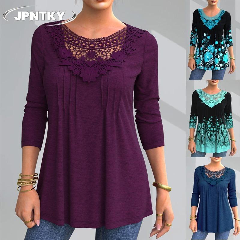 JPNTKY Women's Fashion Casual Solid Color Print Long Sleeve O-Neck Blouses & Shirts