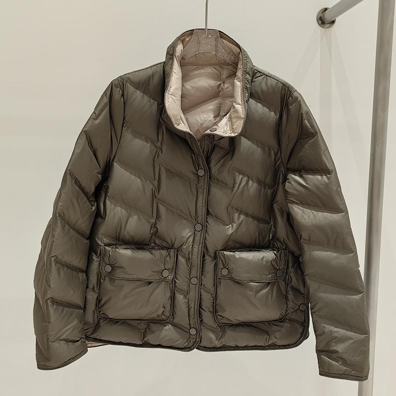 Autumn and Winter New Fashion Stand-up Collar Pressed Rubber Single-breasted Double-sided Wear White Duck Down Jacket Women's Short Trend