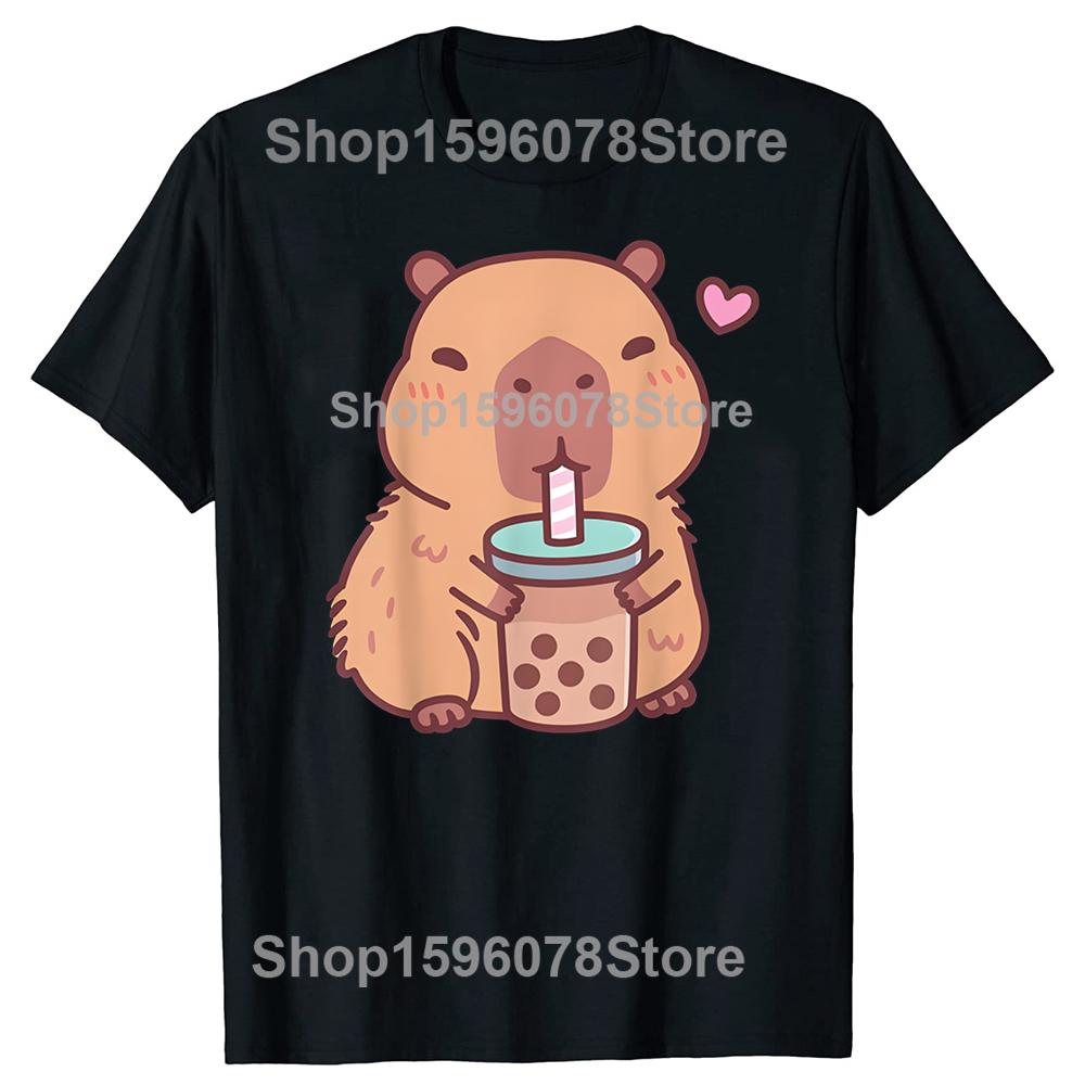Милая Капибара Каваи Аниме Пьет Бабл-ти Любитель Мужская Одежда Модные Футболки Хлопок Короткий Рукав Оверсайз Футболка Топы 4XL