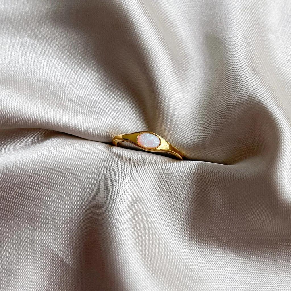 Vintage Oval Opal Ring: Rose Gold October Birthstone Band: Dainty Solitaire Ring: Art Deco Anniversary Gift for Women