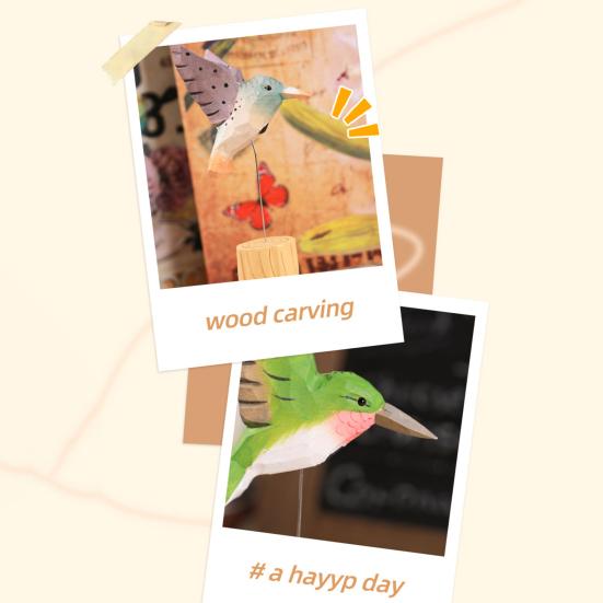 Wood Carving Hummingbird Ornament with Tree Stump/Bell Handcrafted Bird Figurine Statue Sculpture