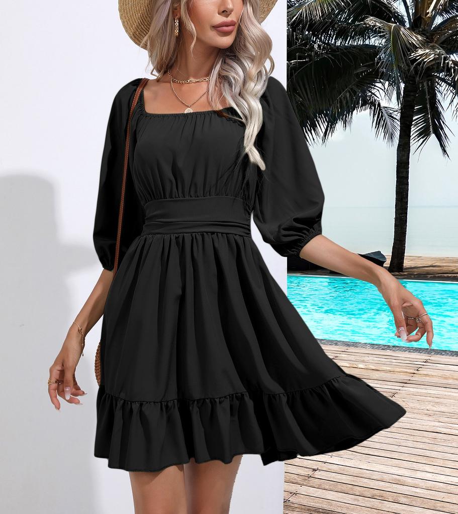 2026 ruffle leaf edge square neck dress strap short skirt women's summer new, Amazon European and American cross-border women's clothing