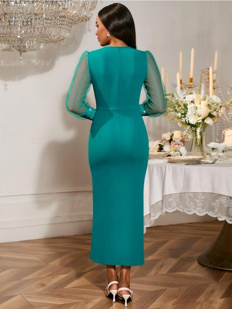 Luxury Guest Wedding Party Dresses Women Elegant V Neck Sheer Tulle Mesh Long Lantern Sleeves Beading Slit Fashionable Gowns