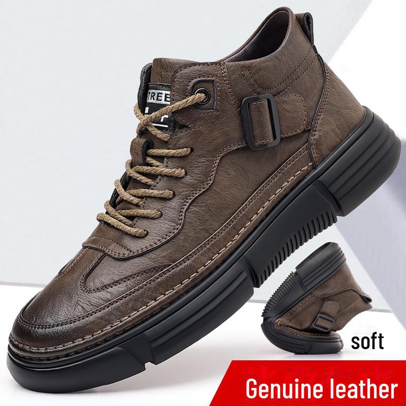 Men's 2024 Winter Leather High-Top Sneakers with Soft Sole and Plush Lining