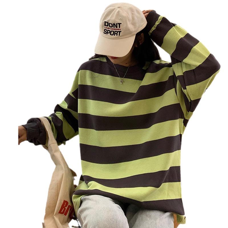 Women's Retro Striped Round Neck Sweatshirt - Casual, Loose, Thin Trend for Autumn and Winter