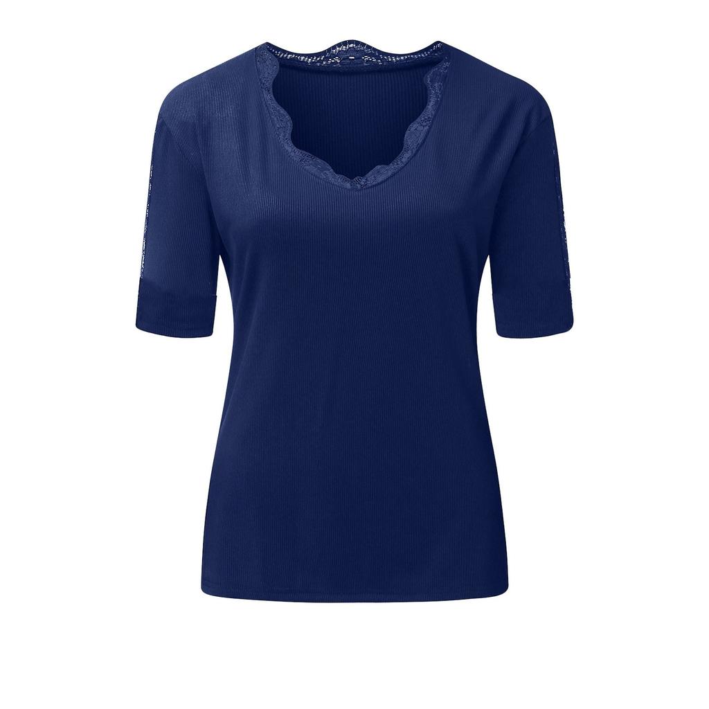 Women Off Shoulder Short Sleeved Commuting Pullover V-neck Lace Bottoming Blouse