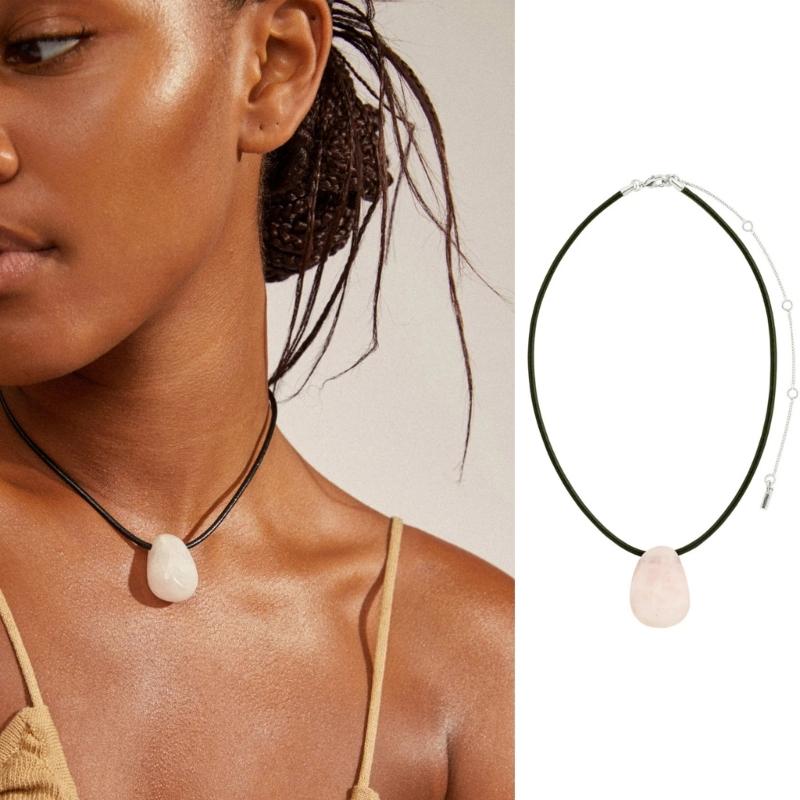 Handmade Irregular Stone Necklace with Adjustable Rope Cord Black Rope Sweater Chain for Daily Wear Comfortable Fit