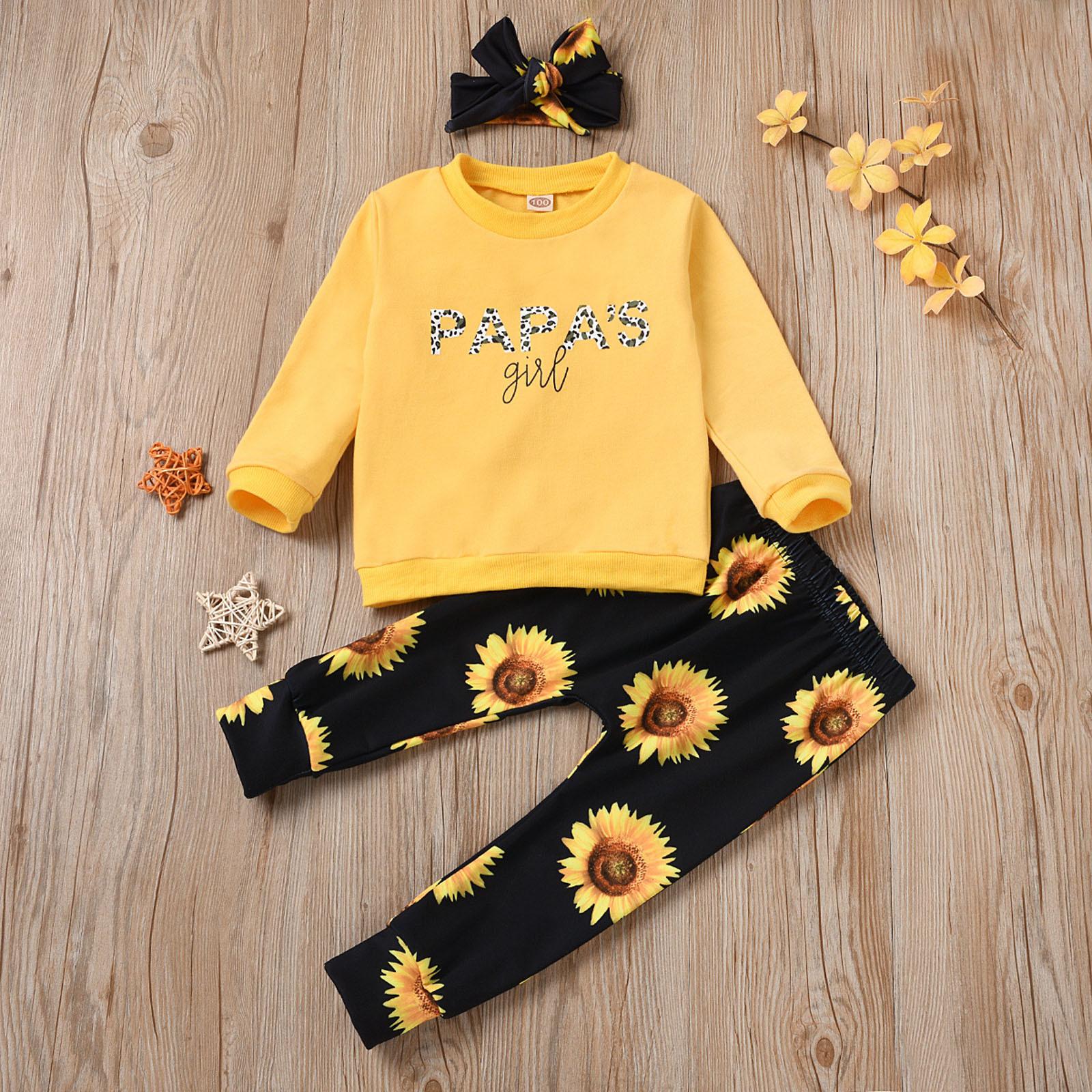 

Newborn Baby Long Sleeve Letter Print Tops Sunflower Pants Headband Outfits