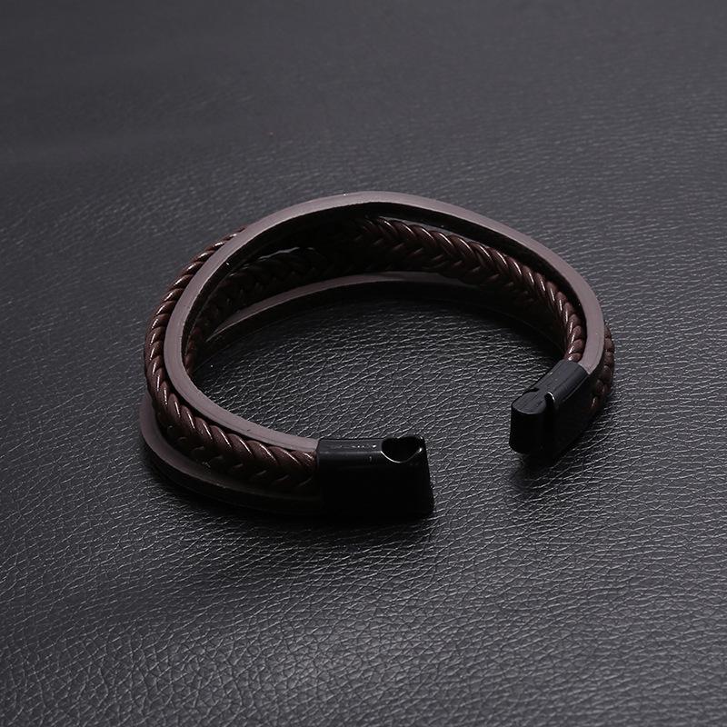 Men's Minimalist Multi-Layer Woven Leather Bracelet with Magnetic Buckle - European and American Style, Imitation Cowhide