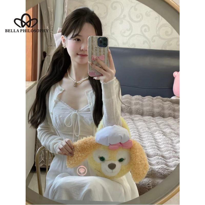 Jaro Léto Nový Bílý Oblek Podvazky Výstřih do V Nádherná Výšivka Pasové Šaty Bílá Dlouhý Rukáv Pletený Kardigan Dvou dílná Sada