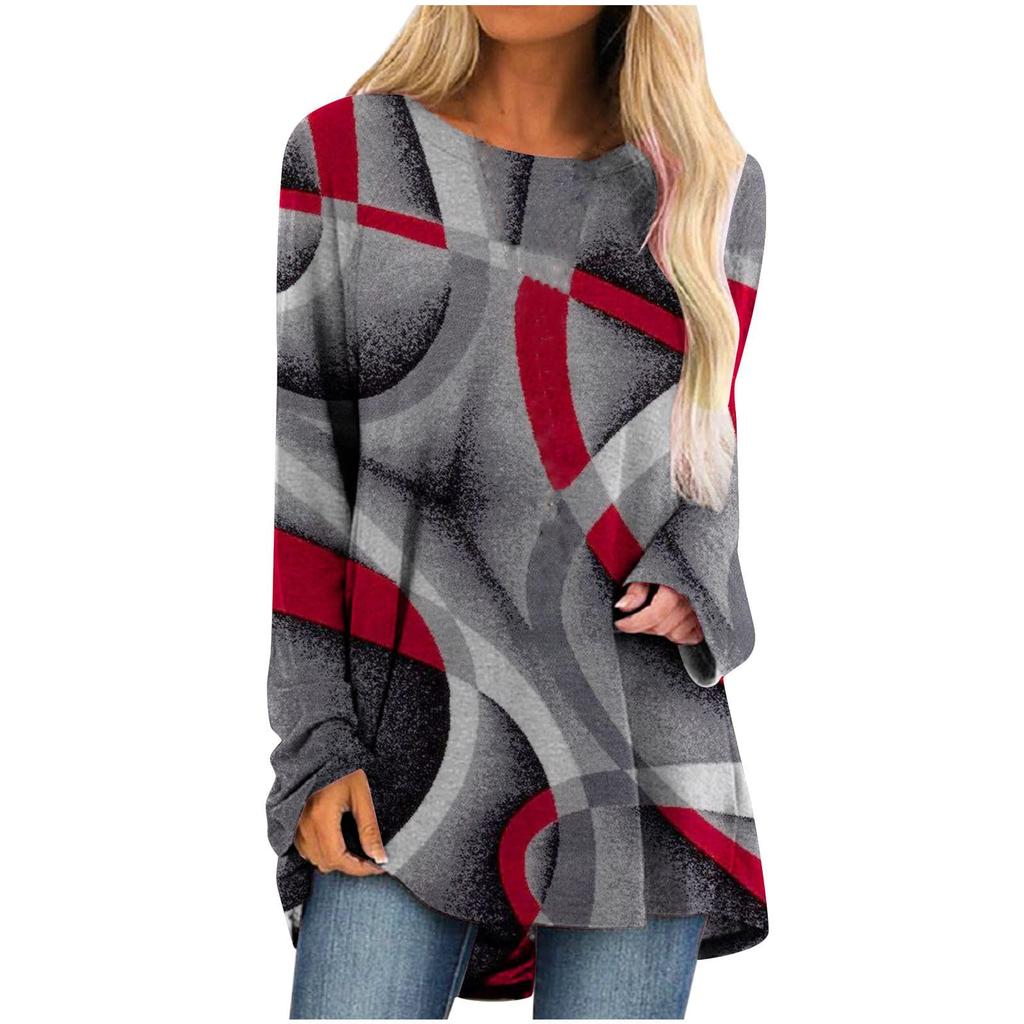 Women's Fashion Casual Irregular Patchwork Color Print Loose Medium Long Long Sleeve Top