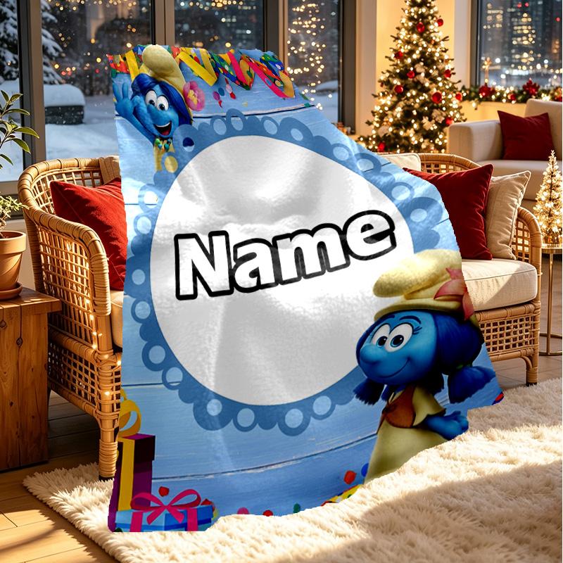 Custom Name Personalized Blue Smurfs Print Blanket, Home Decor, Bedroom, Sofa, Camping, Couch, Gifts for Birthday Christmas