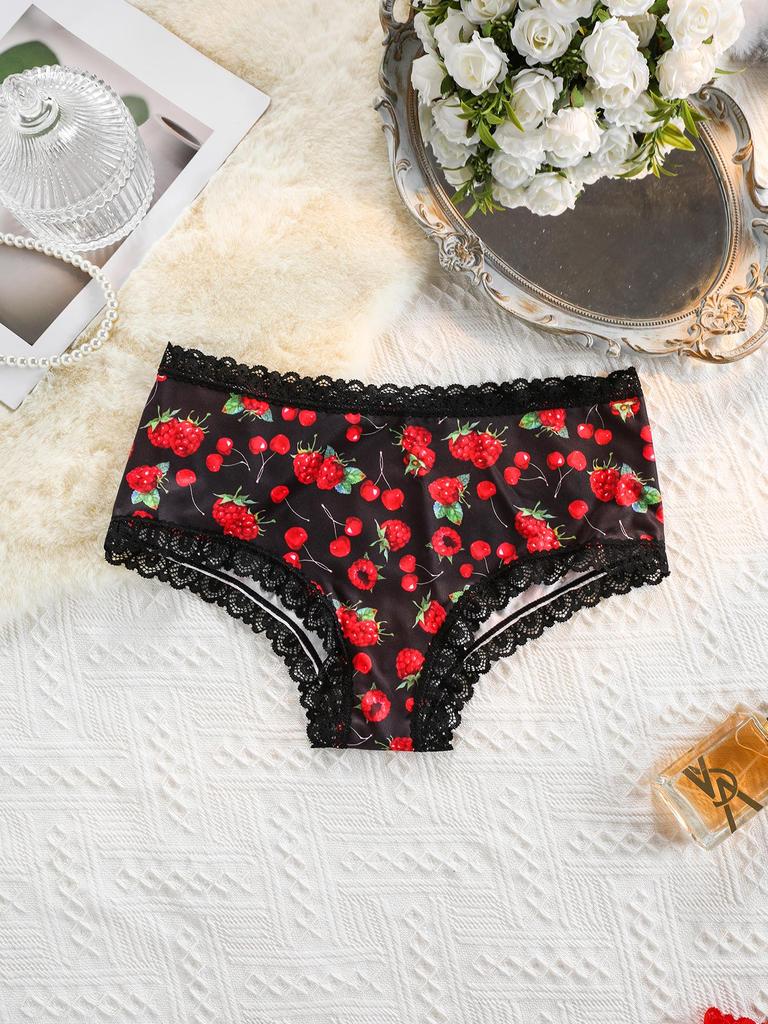Cherry Print Women's Lace Trim Seamless Cotton Panties - No Ride Up Triangle Style