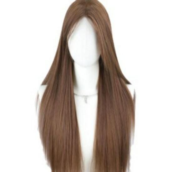 Wig for Women - Long Straight Linen Brown with Lace, Wen Qing Miki Style, Full Head Cover, Fluffy Natural Look