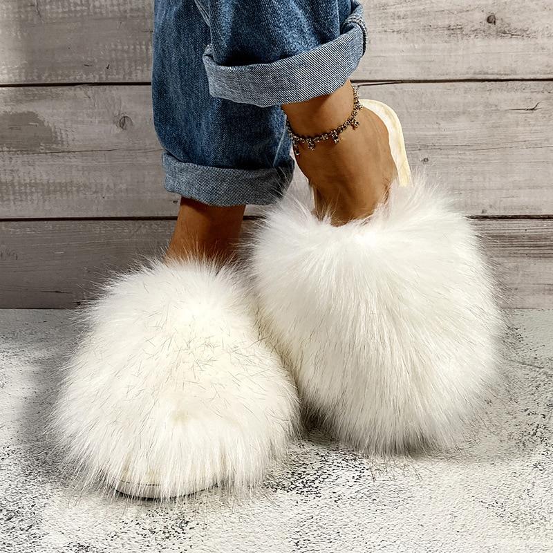 Women Summer Furry Slippers Fluffy Home Shoes Ladies Flops Fur Sandals Comfortable Indoor Outdoor