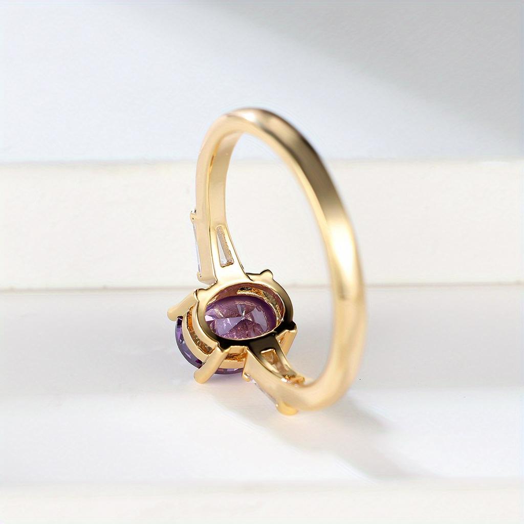 1 Pc Golden Color Oval Cut Purple Stone CZ Claw Ring for Women Men