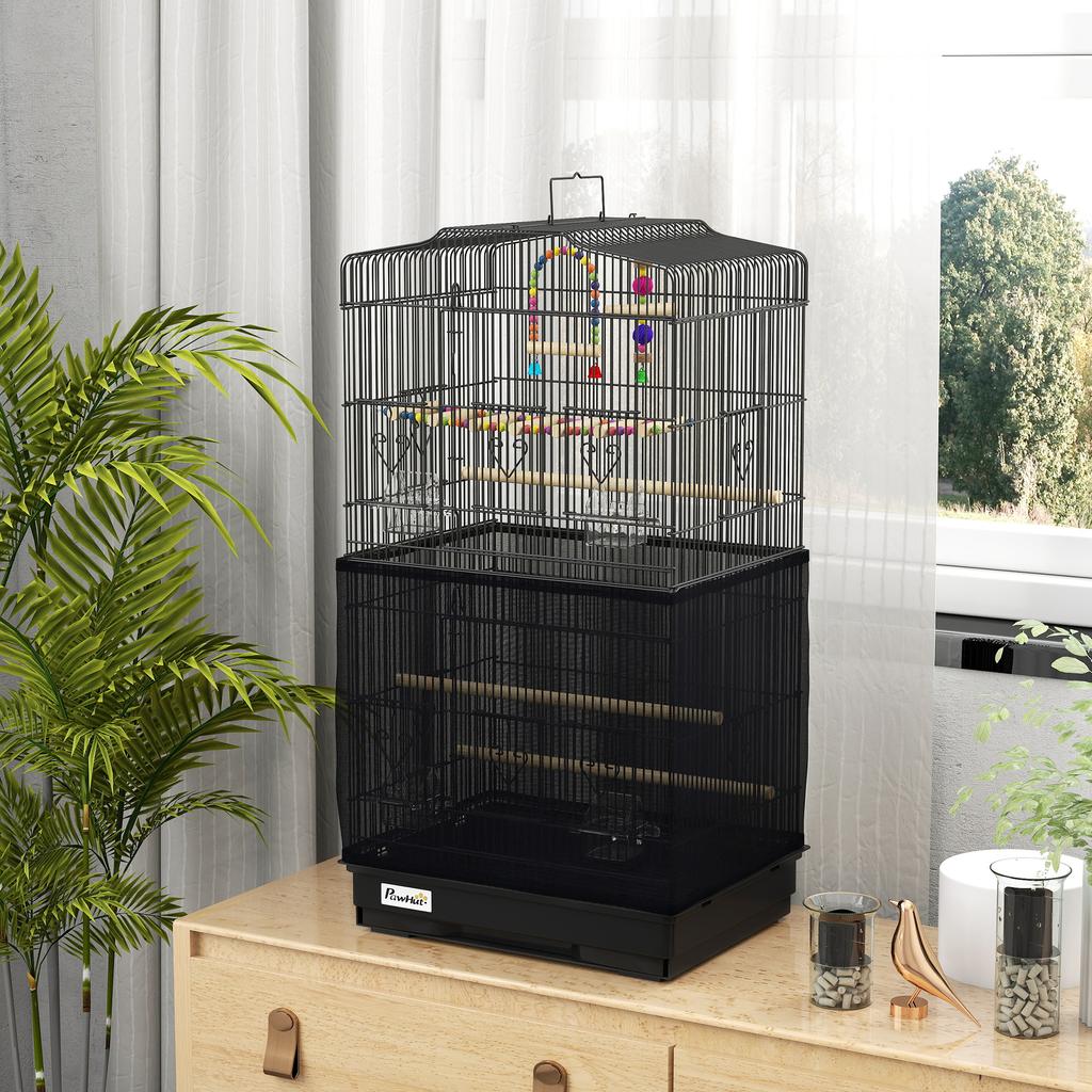 Bird Cage with Handle, Removable Tray, Wooden Perches, Swing and Bowls, 46.5x35.5x92cm, Black
