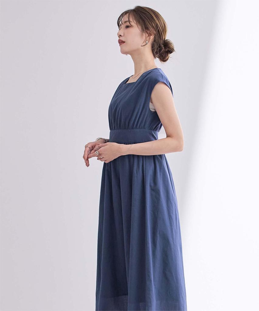 Dein Quadratischer Ausschnitt Französischer Ärmel Kleid BFXU1847 Klein Marineblau Hohe Taille Damen