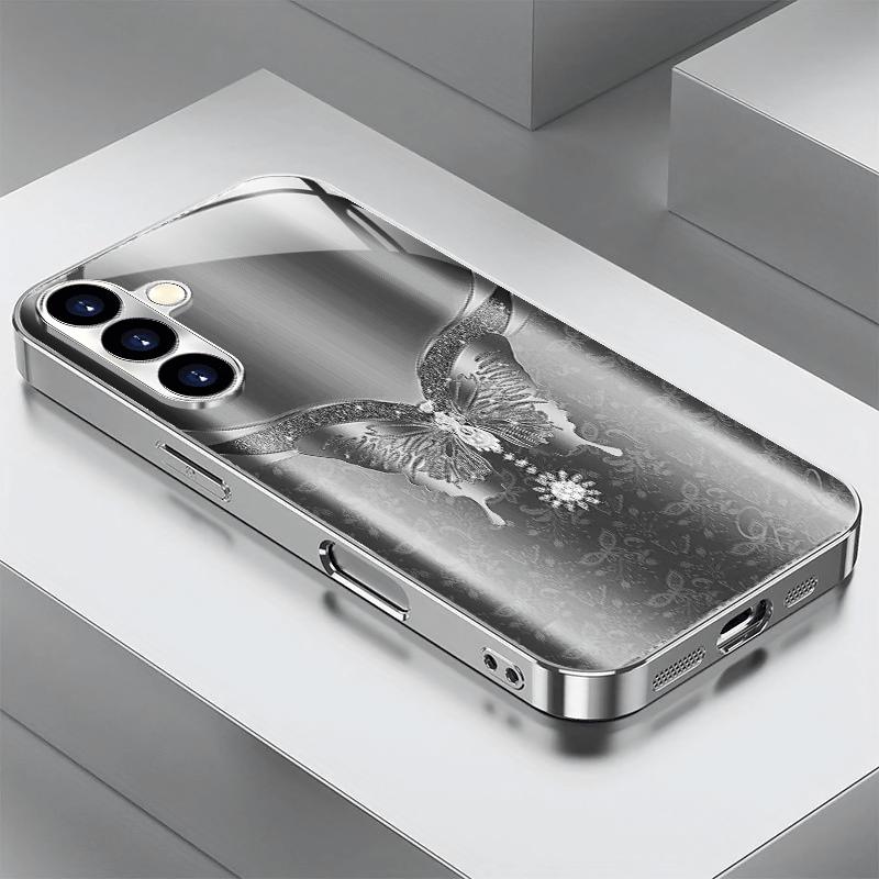 Phone Case: Silver Gray Butterfly Diamond Sparkle Phone Case for Galaxy S26 S25 S24 S23 Ultra S22 Ultra S20 Ultra 56 A72 A73 5G
