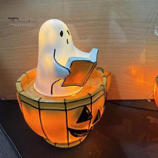 Halloween Bedside Light Ghost Reading Book Lamp, Stained Glass Style Night Light, Resin Spooky Pumpkin Mug Lamp for Bedroom, Living Room, Party,