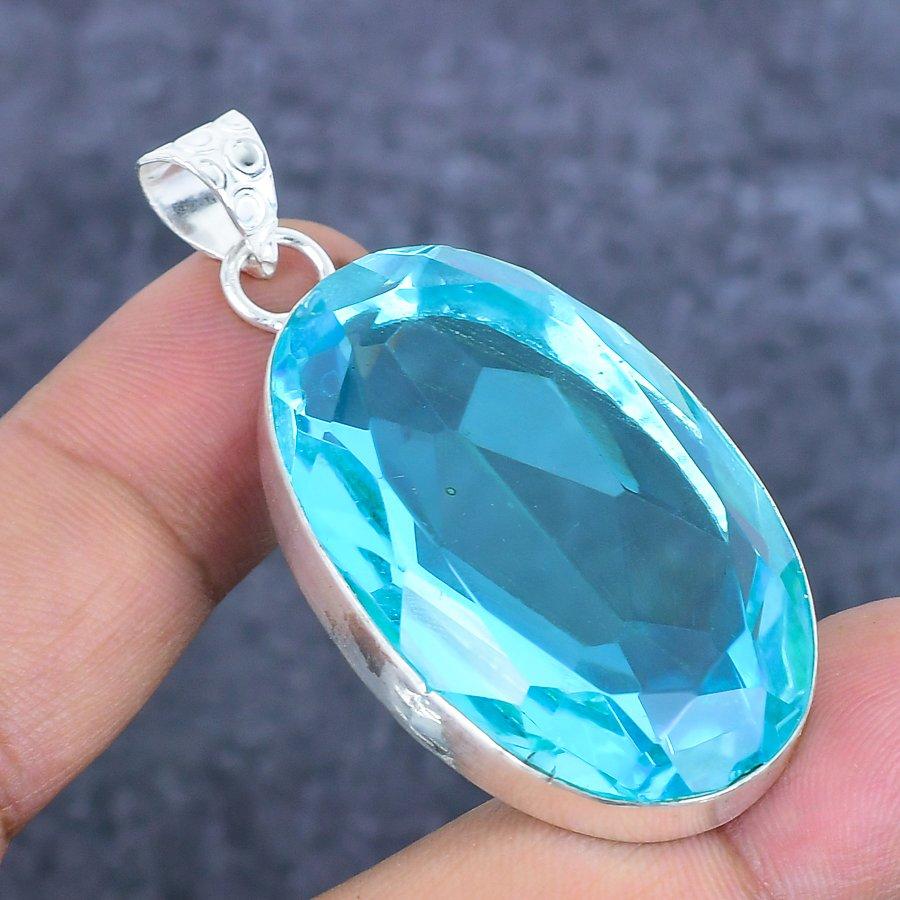 Swiss Blue Topaz Gemstone Handmade 925 Sterling Silver Pendant 2.17" U8V72