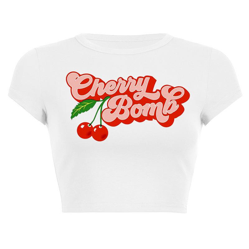 European, American English slogans Printed sexy exposed navel short T-shirt fashionable round neck slim slim top women's multi-picture