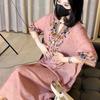 Women's Pink Floral Embroidery Half-Sleeve Maxi Dress V-Neck Loose Casual Linen Blend Long Dress