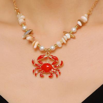 Summer Red Enamel Gold Tone Lobster Crab Pendant Pearl Ocean Themed Beaded & Chain Necklaces for Women Vacation Beach Jewelry