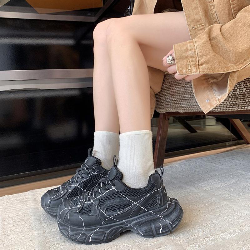 Colorblock Sneakers Autumn New Round Toe Deep Mouth Front Lace-Up Mesh Breathable Platform Non-Slip Sneakers