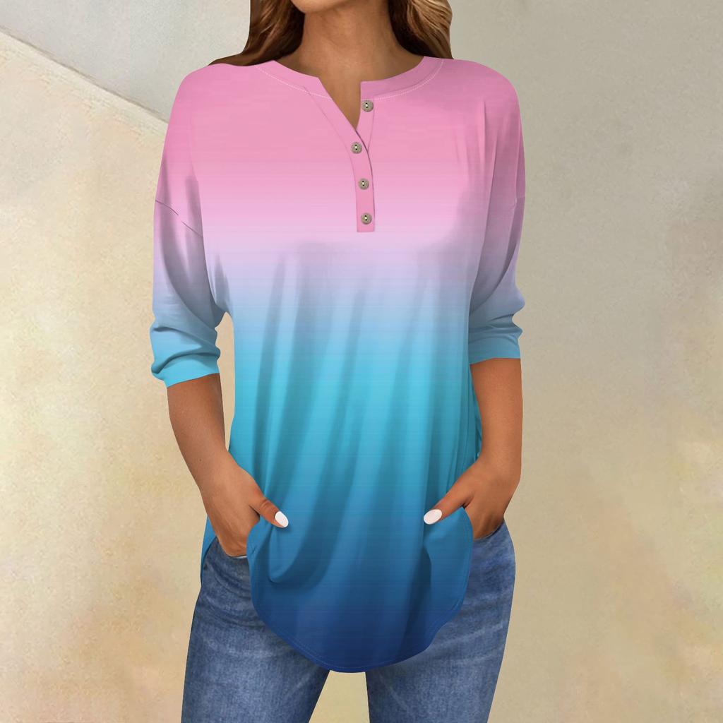Tee Shirts For Women Fall Casual 3/4 Long Sleeve Button Shirts Sweatshirt Vintage  Top Pullover