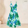 Women Plus Size Two Piece Set Tropical Leaf Printed Short Sleeve Cardigan Strappy V Neck Flared Dress