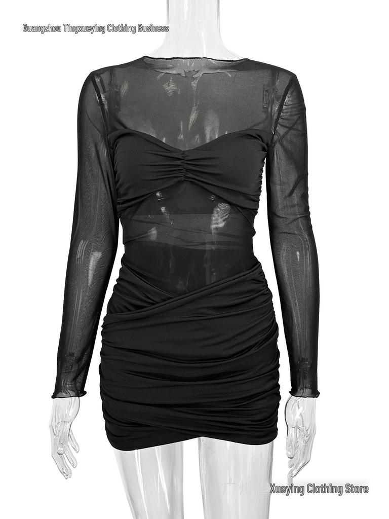 Damska Seksowna Okrągły Dekolt Siatkowe Wstawki Plisowana Sukienka