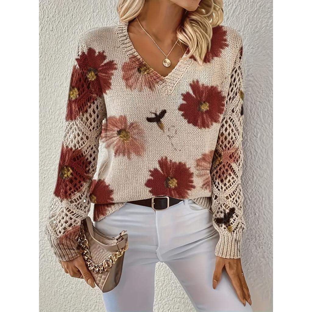 Elegant Autumn and Winter, Bohemian, Western-style Versatile Pullover V-neck Long Sleeved Women's Top, Trendy Women's Knitted Sweater