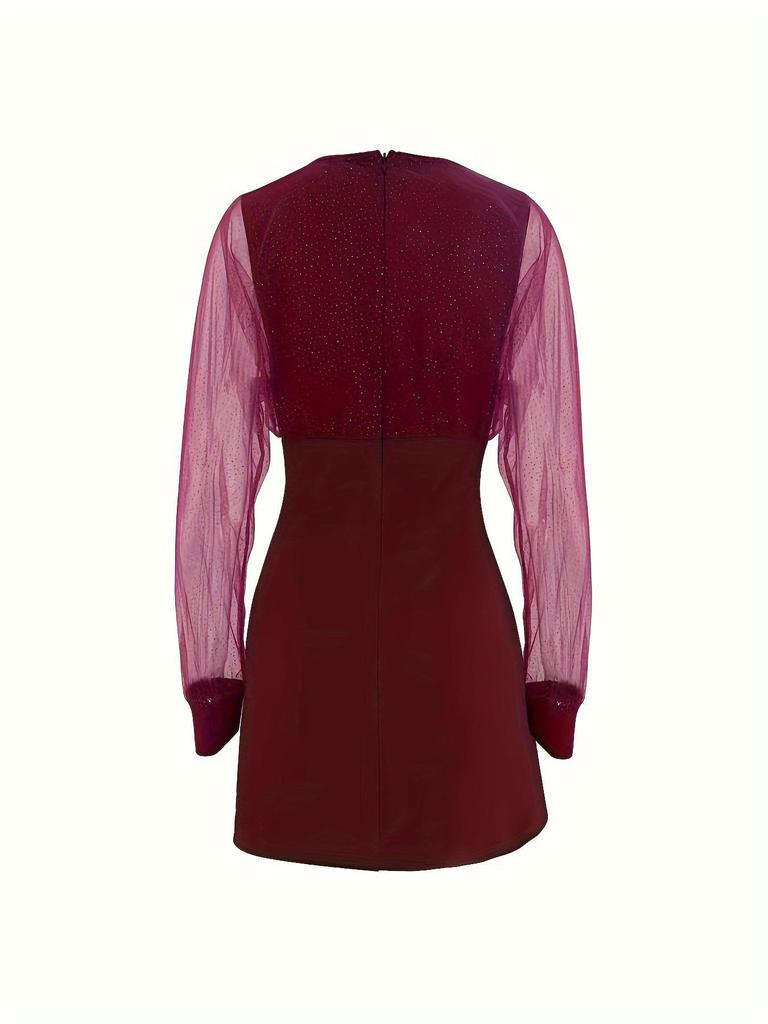 2025 Elegant V-Neck Mesh Patchwork Long Sleeve Dress - Women's Fashion Europe & America
