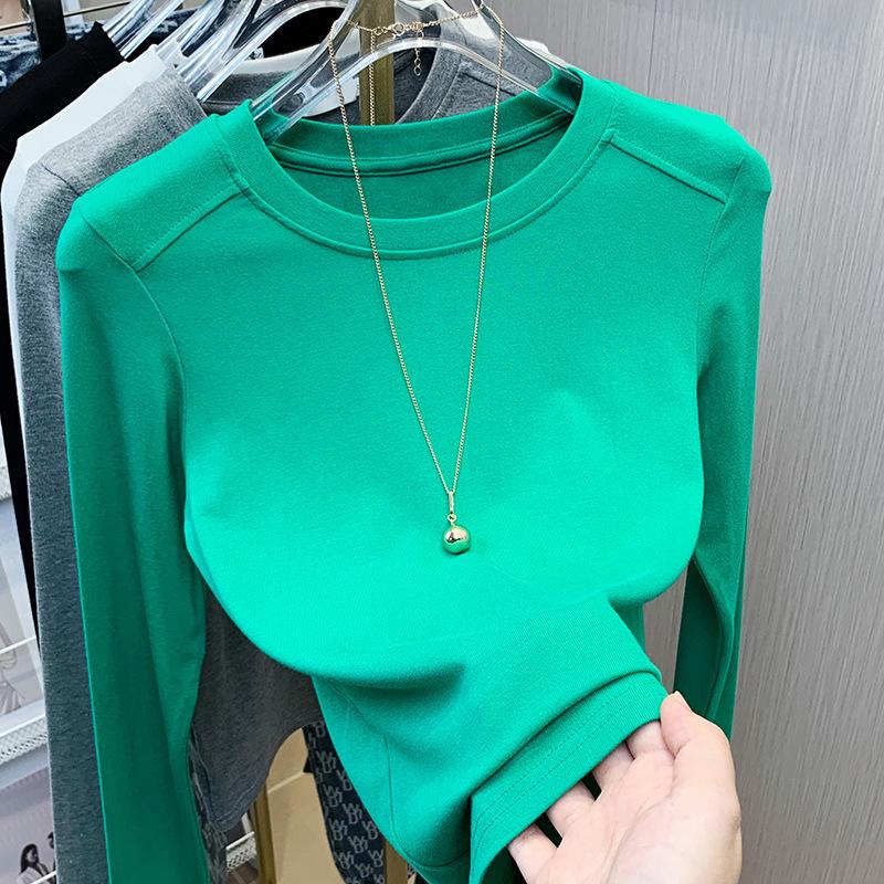 Round Neck Base Top for Women In Spring and Summer Updated Long-sleeved T-shirt Trendyable Slim Fit Inner Single Color Top for Women S