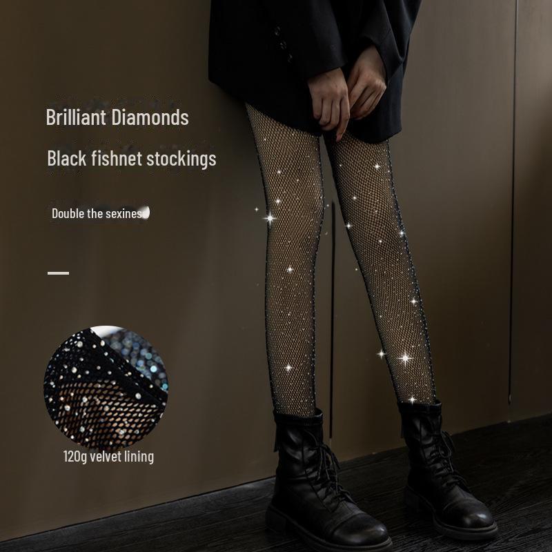 Spring & Fall Velvet-Lined Diamond Fishnet Stockings, Black Anti-Hook Sexy JK Pantyhose
